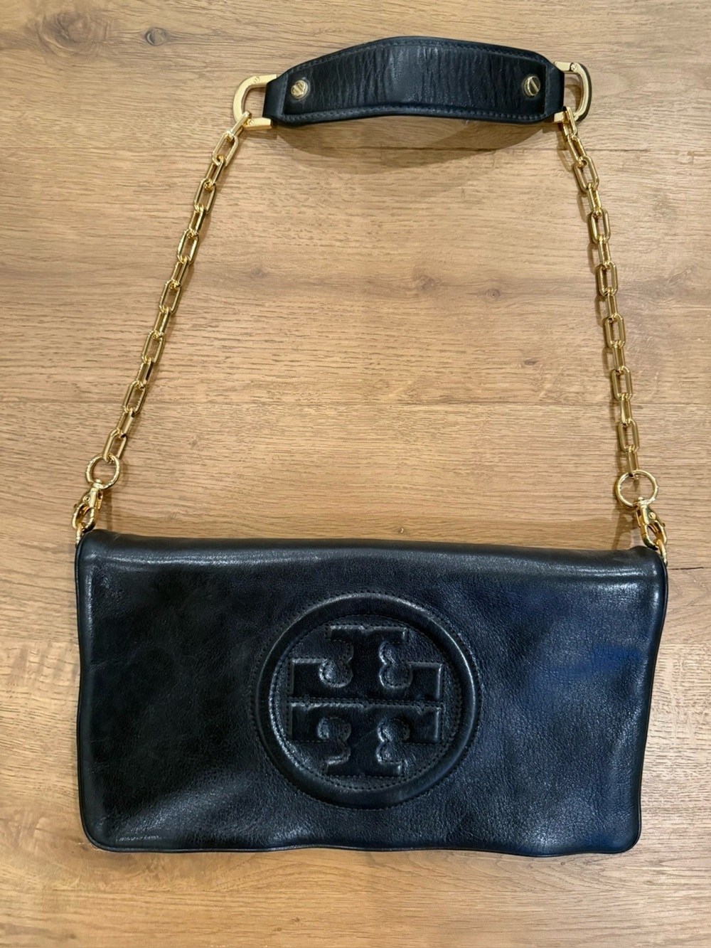 Tory Burch Black Leather Shoulder Bag with Gold Chain
